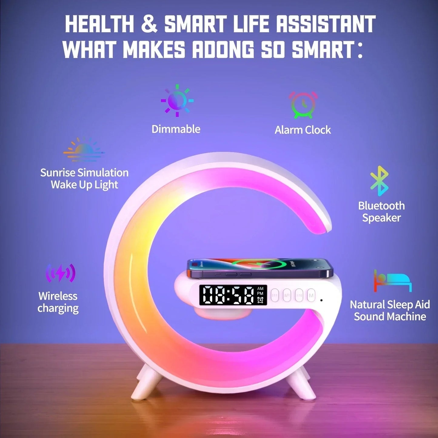 Multifunction Wireless Charging Dock with RGB Light, Alarm Clock & Speaker